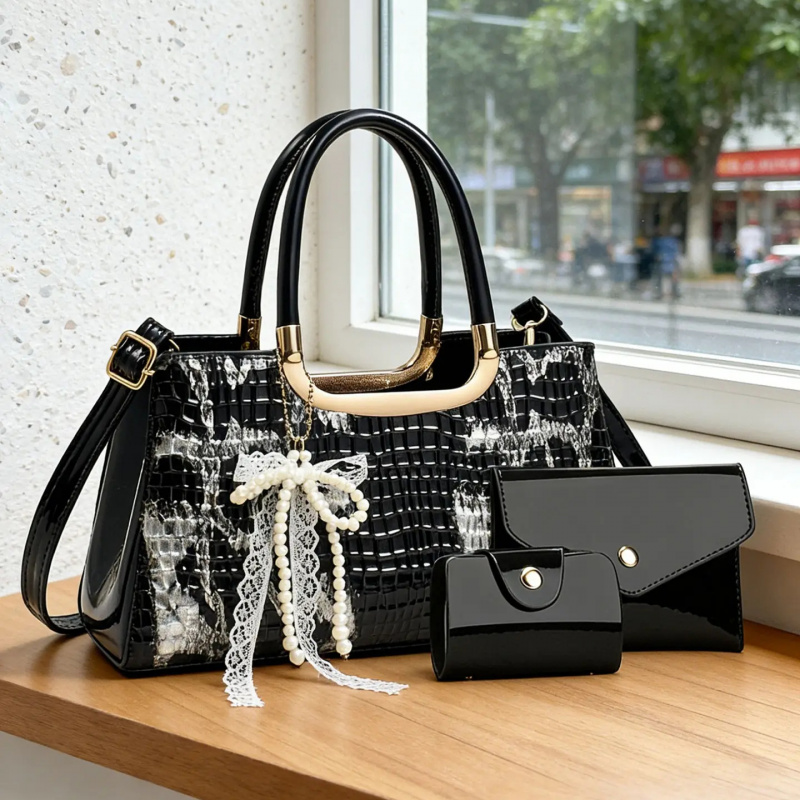 Women Accessories Set - 여성용 핸드백 세트, 악어 무늬 이브닝