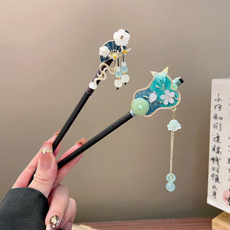 클래식 태슬 헤어 스틱 블랙 나무 꽃 진주 머리핀 중국 - Women'S Accessories List 리뷰 및 가격