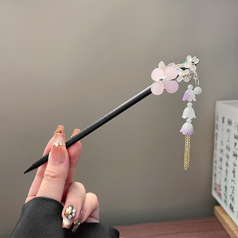 클래식 태슬 헤어 스틱 블랙 나무 꽃 진주 머리핀 중국 - Women'S Accessories List 리뷰 및 가격