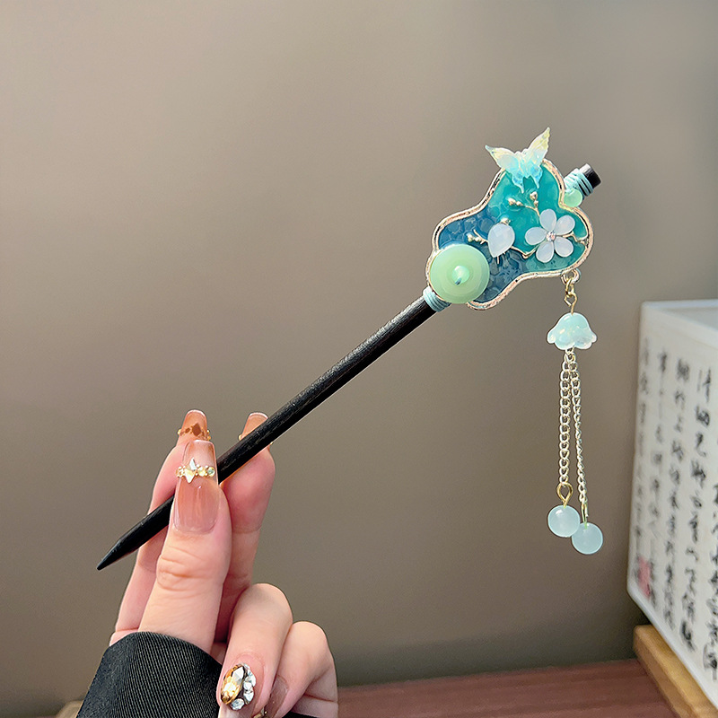 클래식 태슬 헤어 스틱 블랙 나무 꽃 진주 머리핀 중국 - Women'S Accessories List 리뷰 및 가격